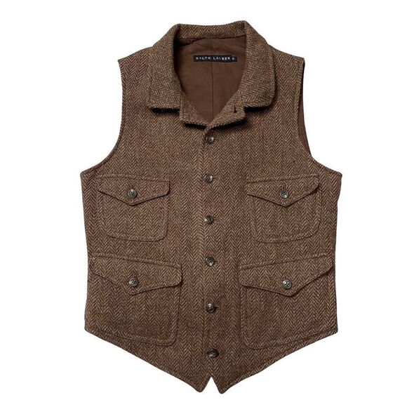Ralph Lauren Olive Herringbone and Leather Gilet Waistcoat Vest - Picture 5 of 16